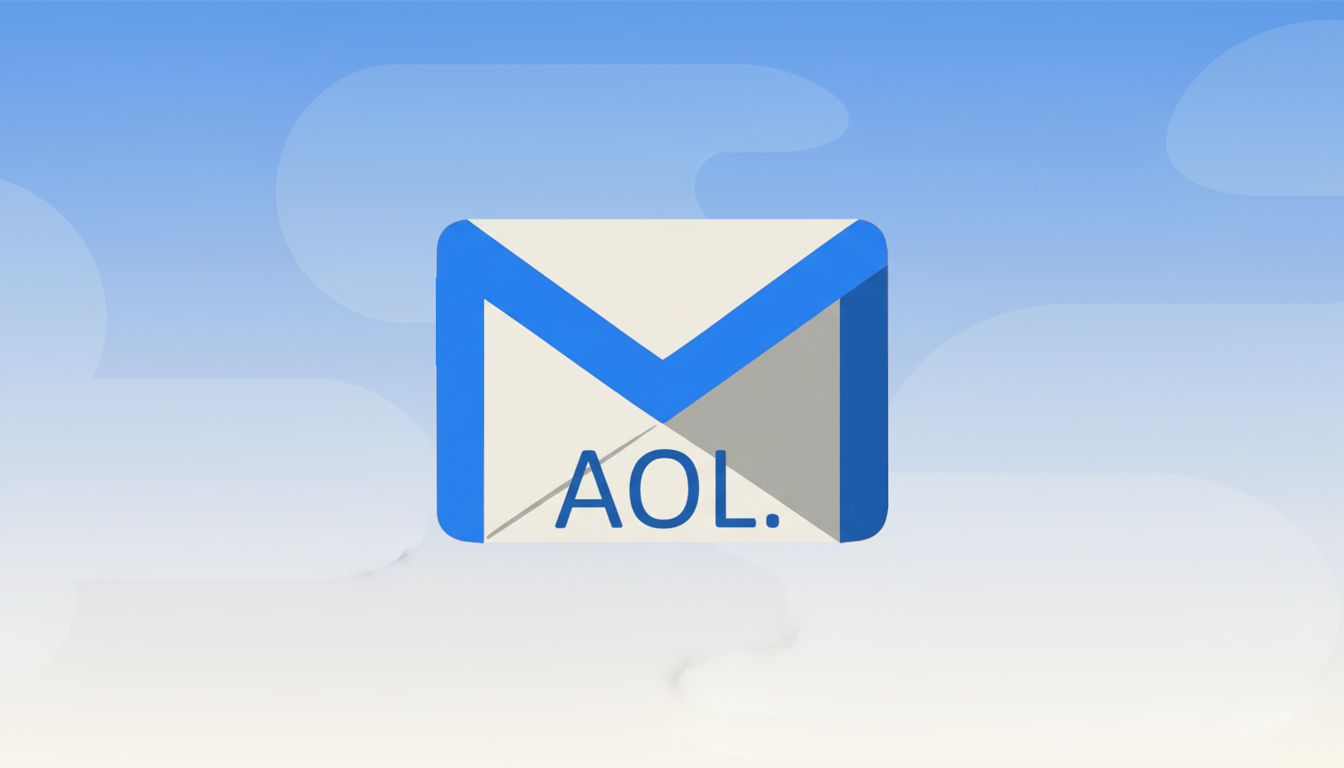 A 16:9 aspect ratio image of an email envelope icon with AOL. written on it, set against a professional flat design background with soft blue and white gradients and subtle cloud-like patterns.