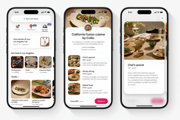 Three iPhones displaying an app interface for booking culinary experiences. The first phone shows a home screen with Services selected , featuring Chefs as a category. The second phone displays details for California fusion cuisine by Collin, listing various dining options. The third phone shows a detailed view of a Chef's special meal with a vibrant food image. Filename : app cul inaryexperience show case.png