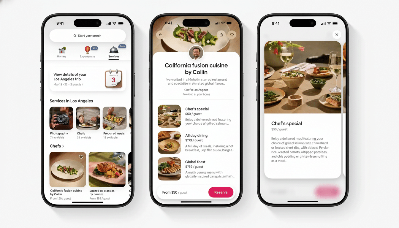Three iPhones displaying an app interface for booking culinary experiences. The first phone shows a home screen with Services selected , featuring Chefs as a category. The second phone displays details for California fusion cuisine by Collin, listing various dining options. The third phone shows a detailed view of a Chef's special meal with a vibrant food image. Filename : app cul inaryexperience show case.png