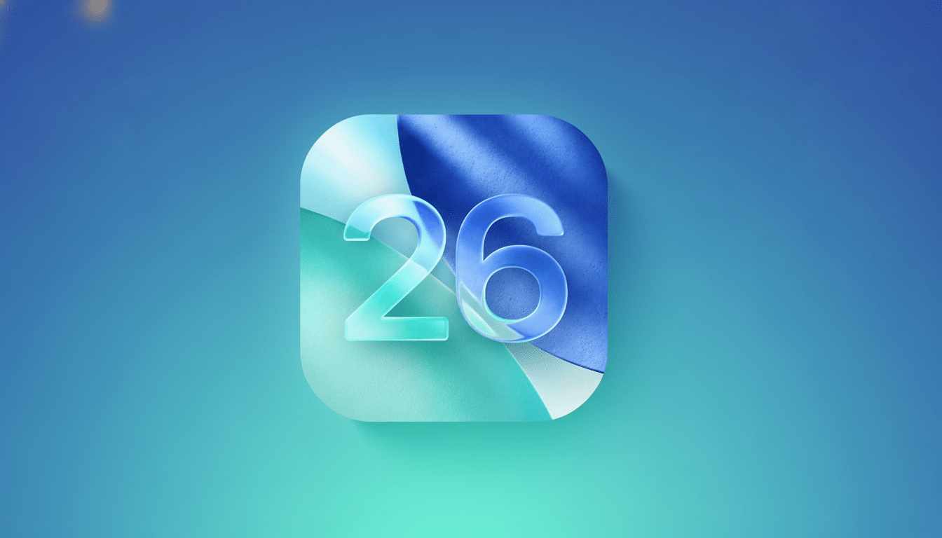 An app icon with the number 26 in a blue and teal gradient, set against a soft blue and green gradient background.