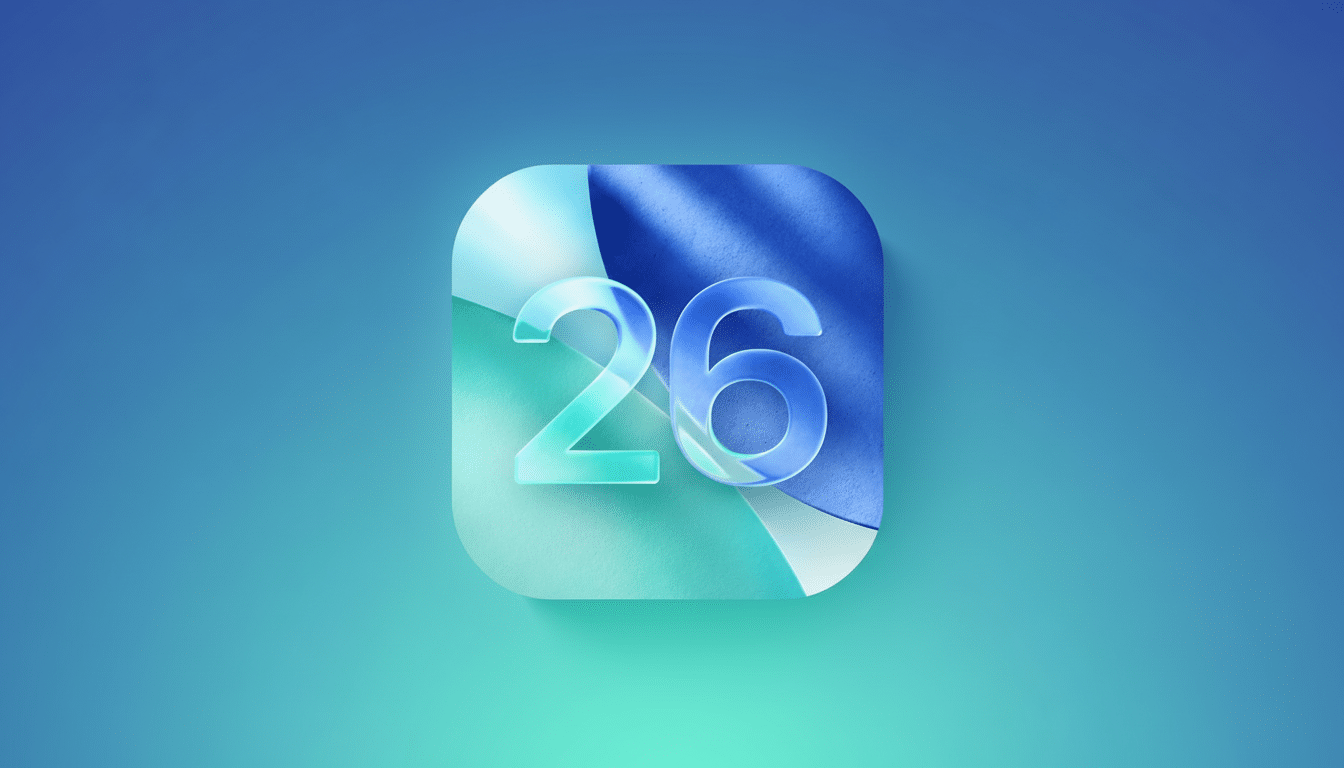 A professional, enhanced image of an app icon featuring the number 26 in a translucent, blue -green gradient style, set against a soft blue -green gra