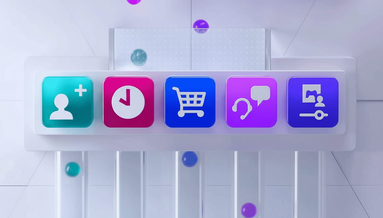A professional display of five app icons: a green user icon with a plus sign, a pink clock icon, a blue shopping cart icon, a purple stethoscope icon,