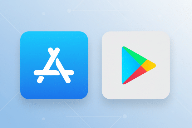 alt text: App Store and Google Play icons presented side -by-side on a professional light blue gra