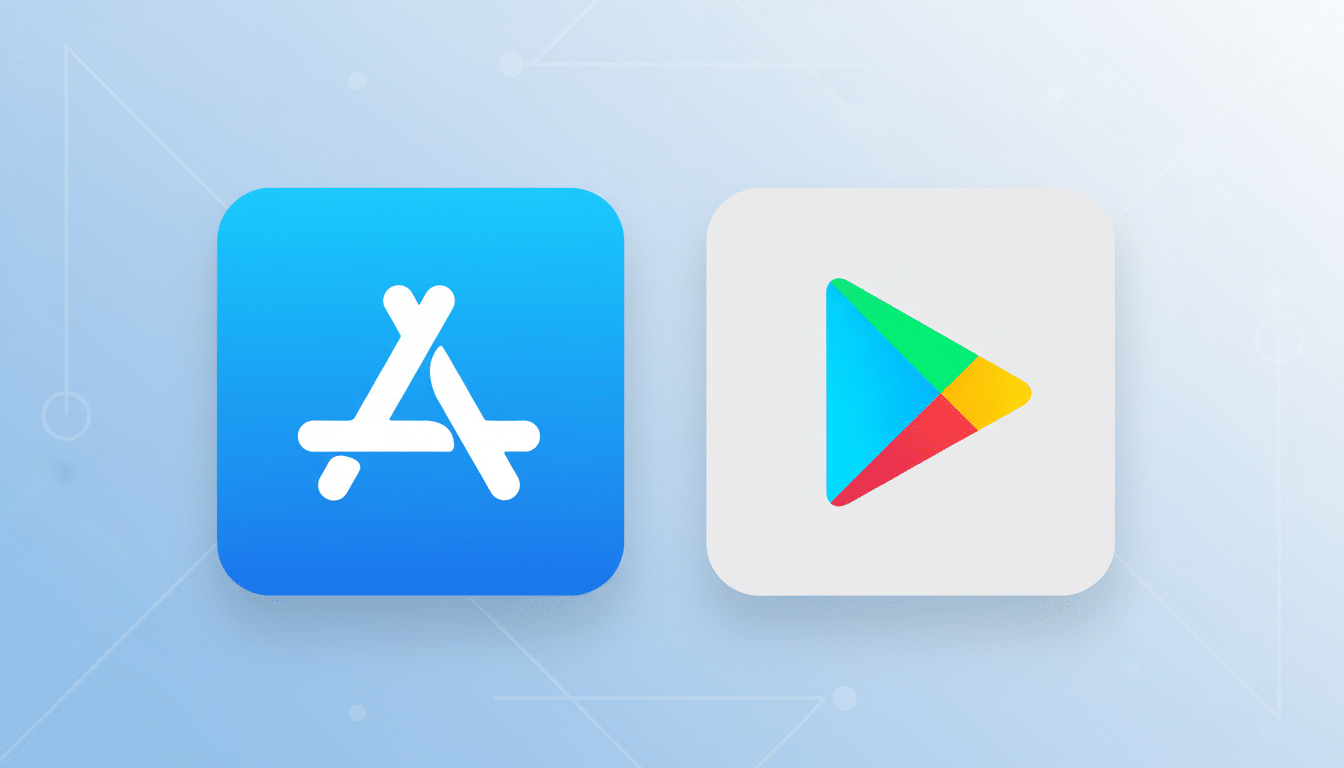 alt text: App Store and Google Play icons presented side -by-side on a professional light blue gra
