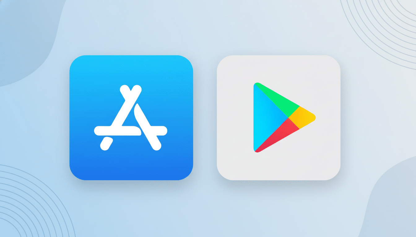 text : A professional image showcasing the Apple App Store icon on the left and the Google Play Stor