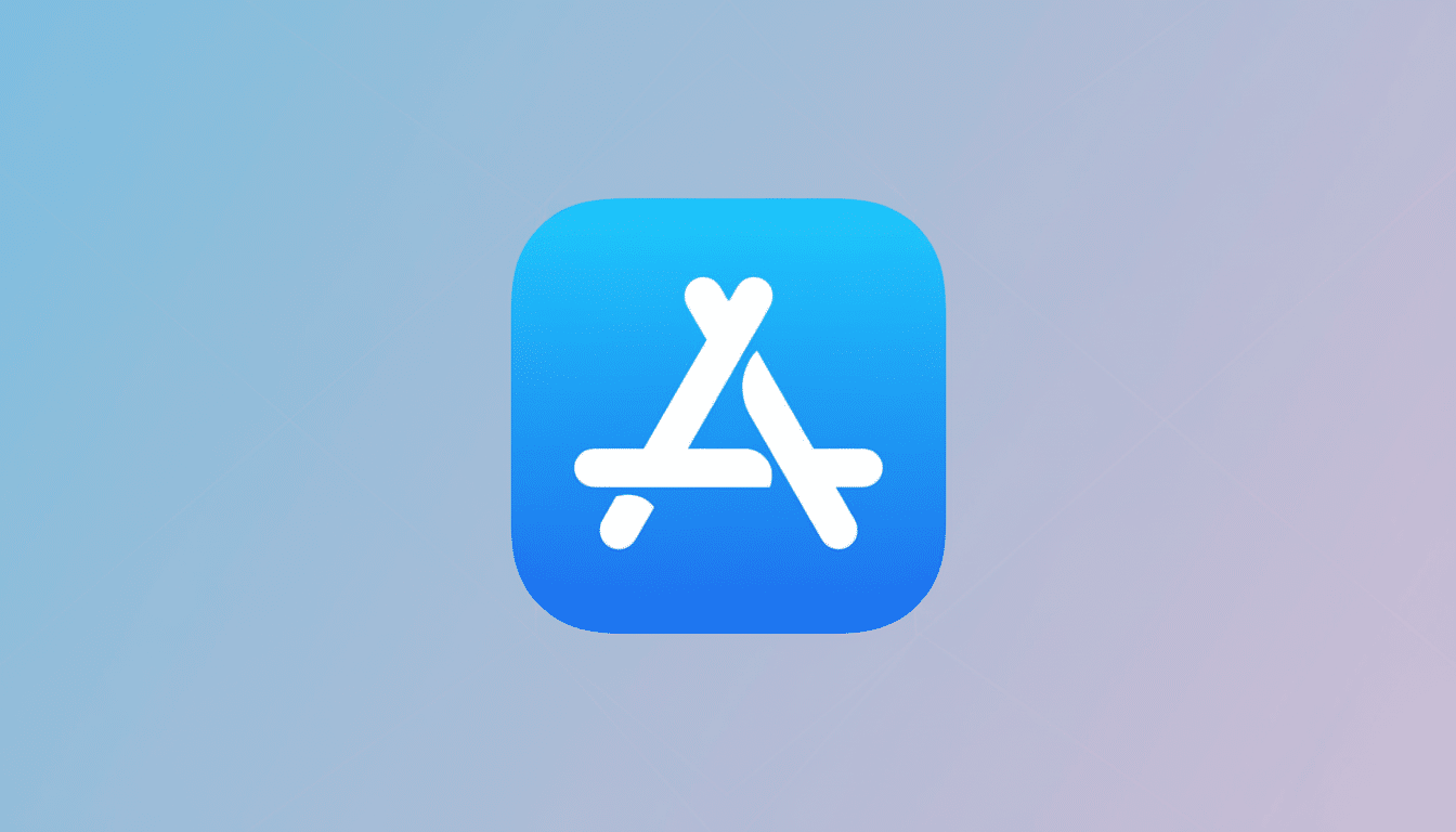 A professional depiction of the App Store icon against a soft, gradient background with subtle geometric patterns.