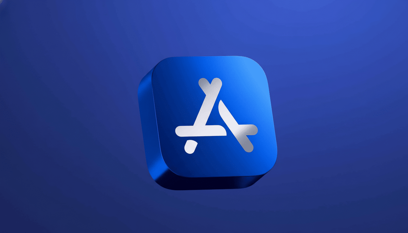 A 3D App Store icon in white on a blue square with a subtle gradient background, professionally enhanced .