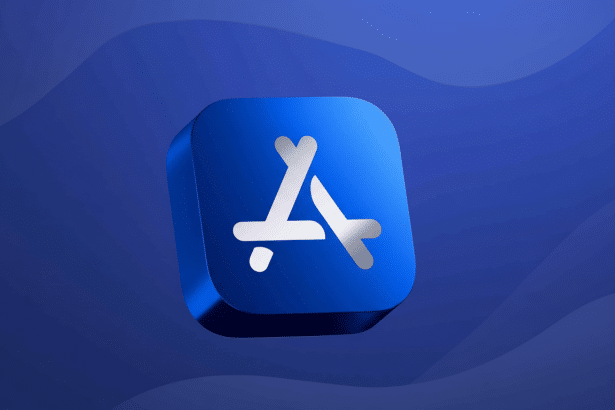 The Apple App Store icon, a stylized white 'A' formed by an artist 's brush and ruler on a blue rounded square , is presented on a professionally enhanced blue background with subtle wave - like patterns.