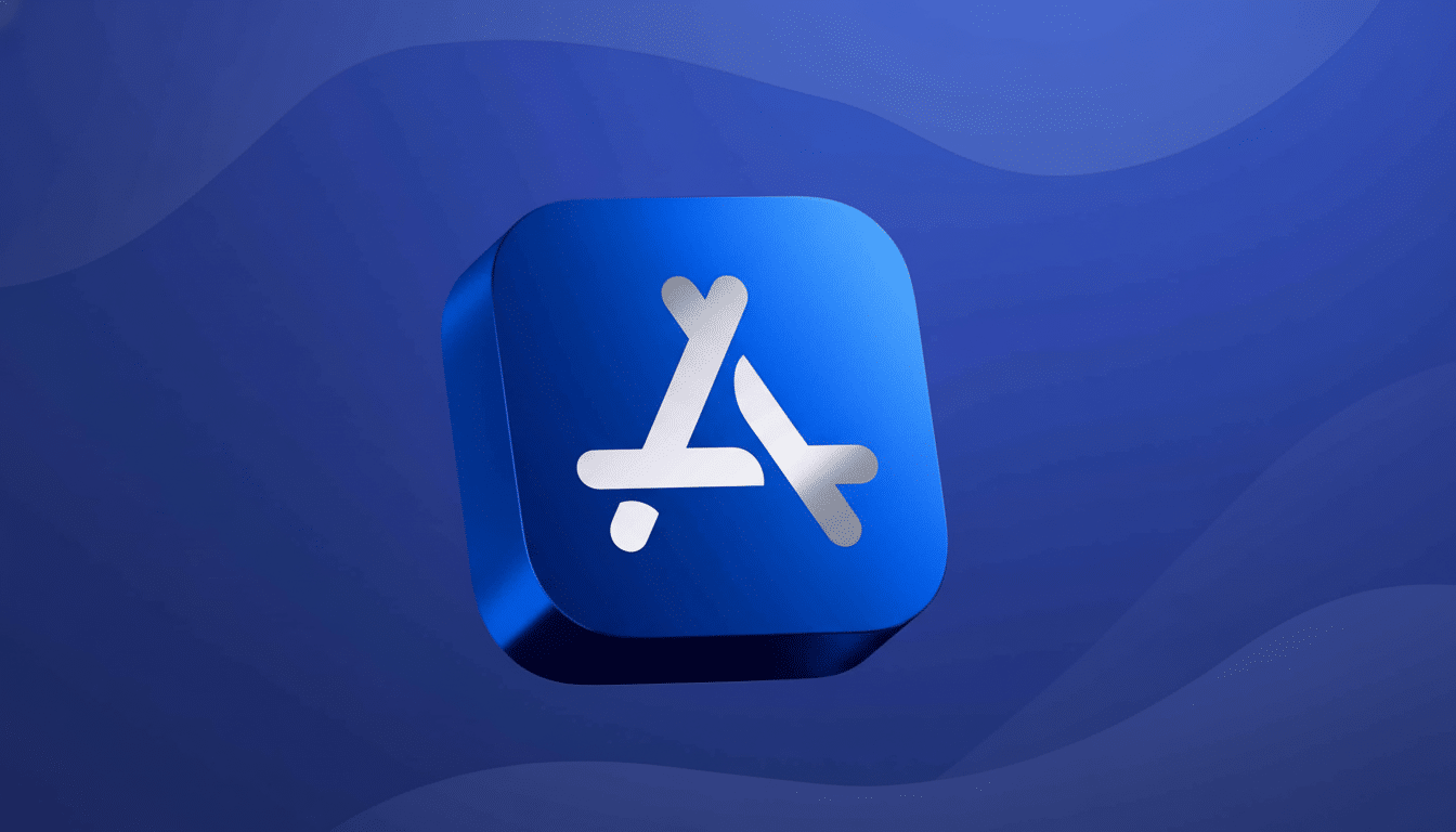 The Apple App Store icon, a stylized white 'A' formed by an artist 's brush and ruler on a blue rounded square , is presented on a professionally enhanced blue background with subtle wave - like patterns.