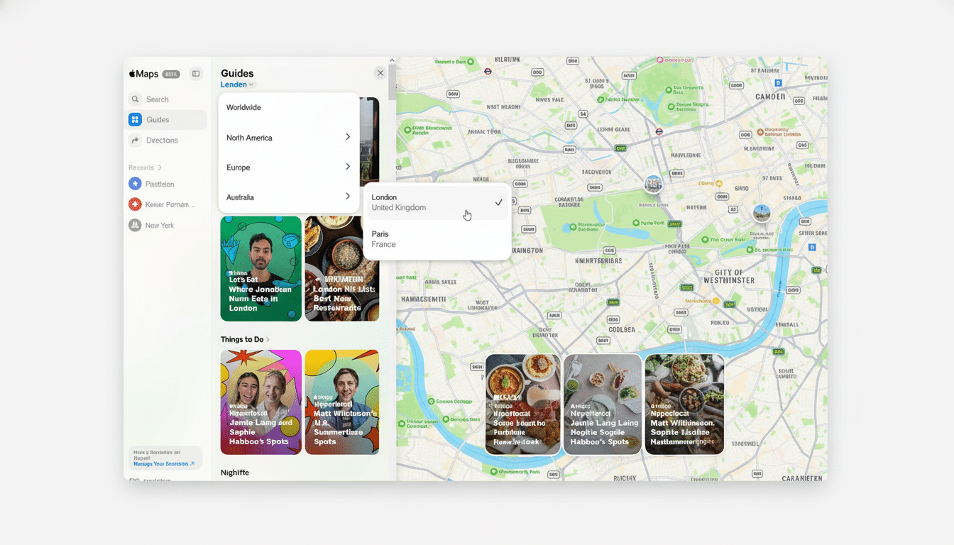 A professional , enhanced screenshot of an app displaying travel guides and a map of London, with a dropdown menu showing location options like London, Paris, and France .