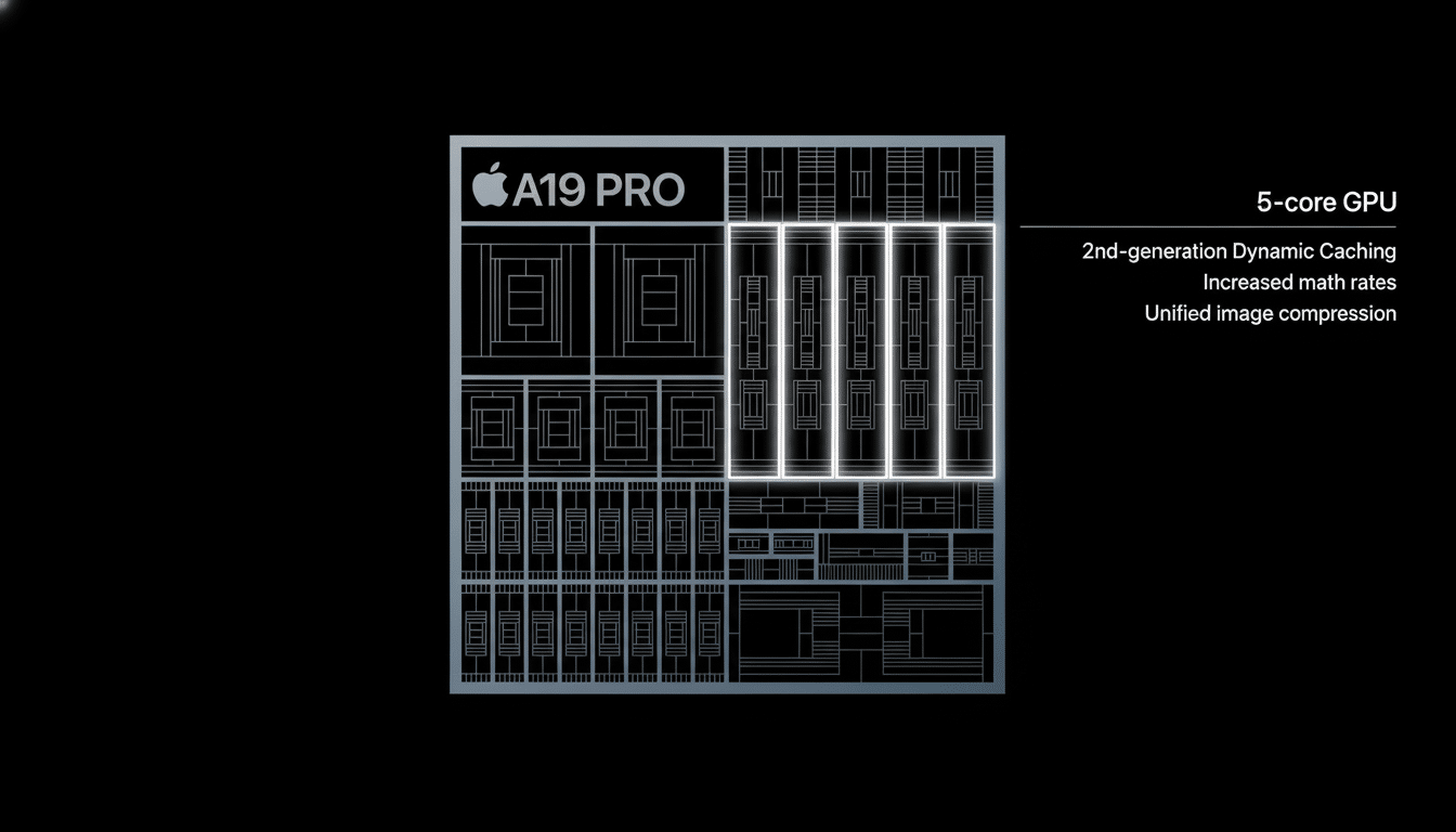 An image showing the Apple A 19 Pro chip with a 5 -core GPU, 2nd- generation Dynamic Caching, increased math rates, and unified image compression. The