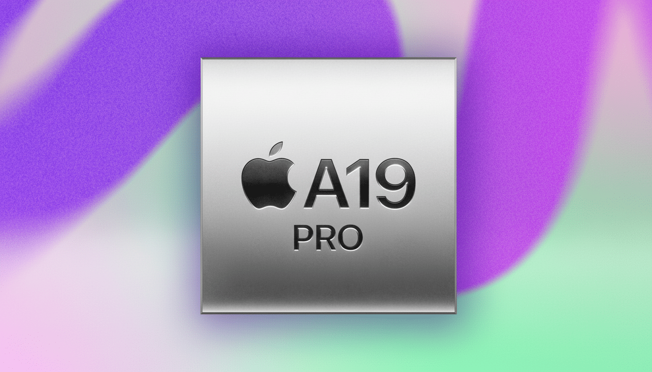 A professional image of the Apple A 19 Pro chip, presented on a vibrant background with a soft gradient of purple and green, resized to a 1 6: 9 aspec