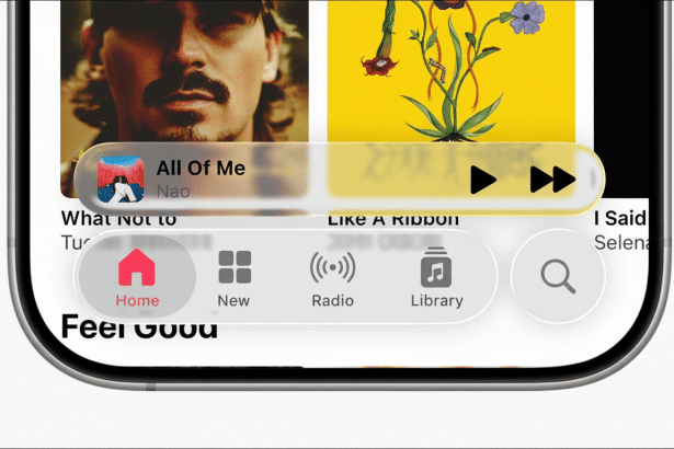 A close-up of an iPhone screen displaying the Apple Music interface, showing a song playing and navigation tabs for Home, New, Radio, and Library .