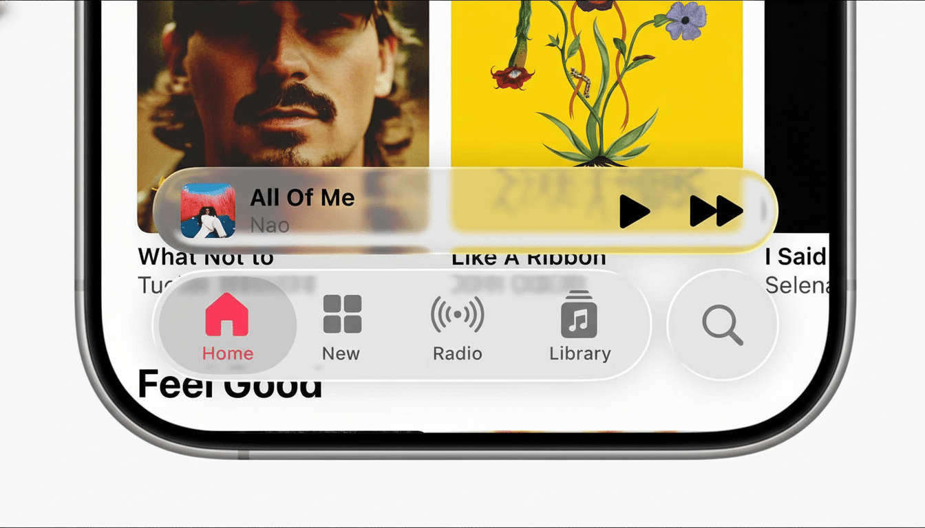 A close-up of an iPhone screen displaying the Apple Music interface, showing a song playing and navigation tabs for Home, New, Radio, and Library .