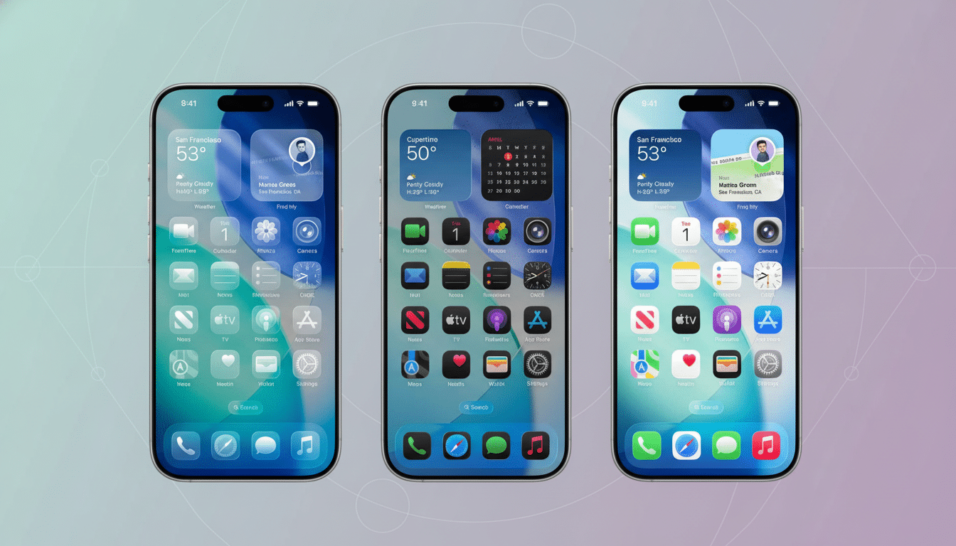 Three iPhones displayed side by side with various iOS screens , against a soft gradient background. Filename : ip h onesios screens1 69. png