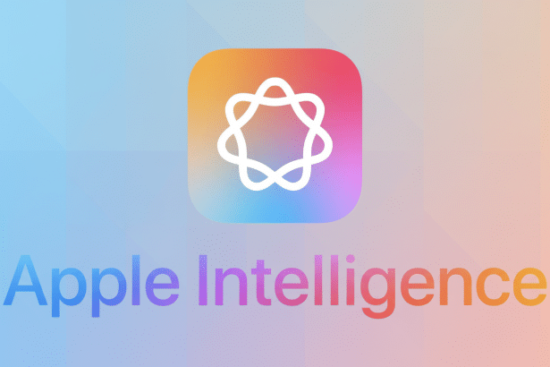 Apple Intelligence logo with a white stylized star icon on a gradient background, and Apple Intelligence text in a matching gradient below it, set aga
