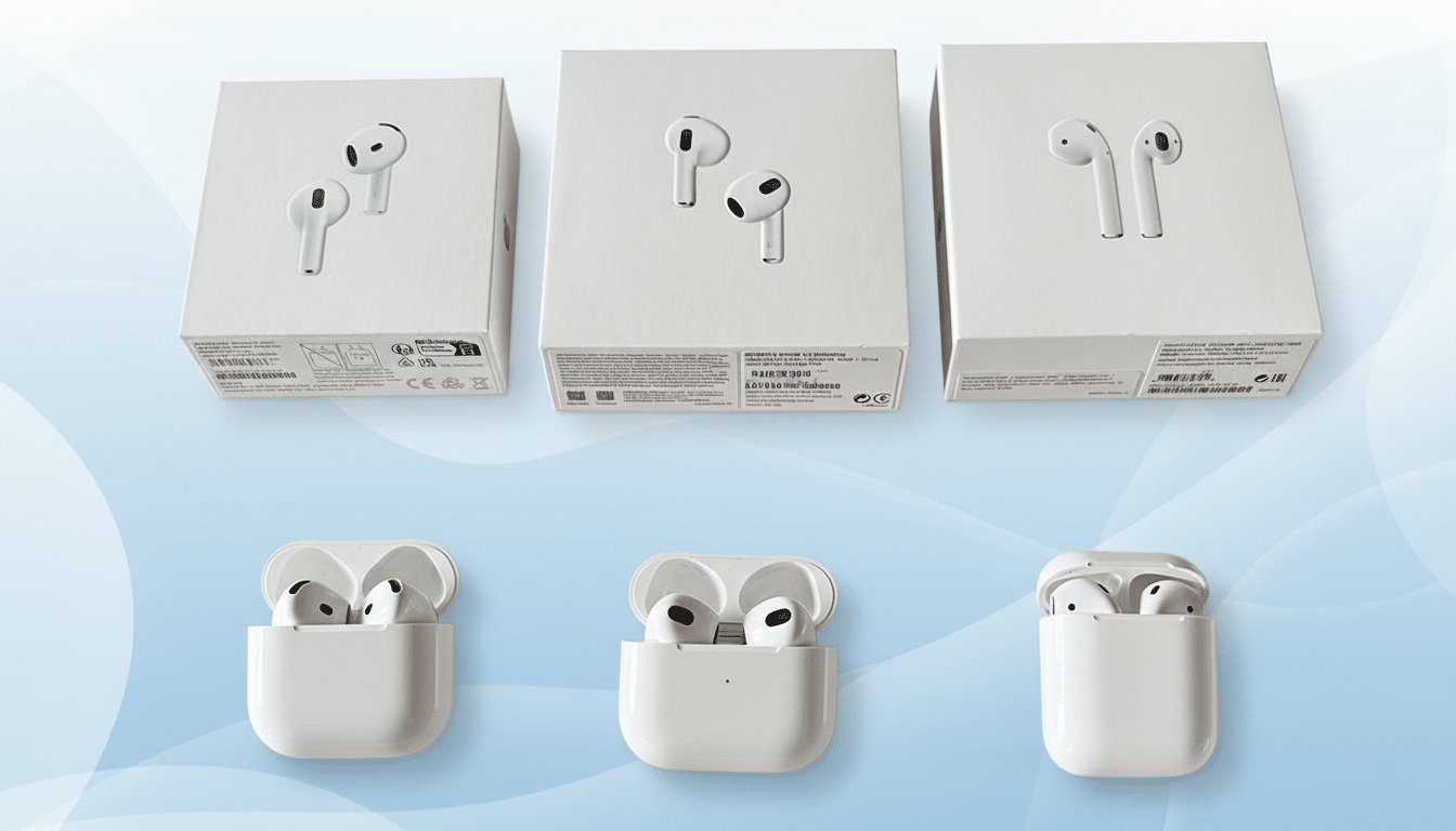 Three white Apple AirPods boxes and three open AirPods charging cases with the earbuds inside, arranged on a blue background with soft gradient patter