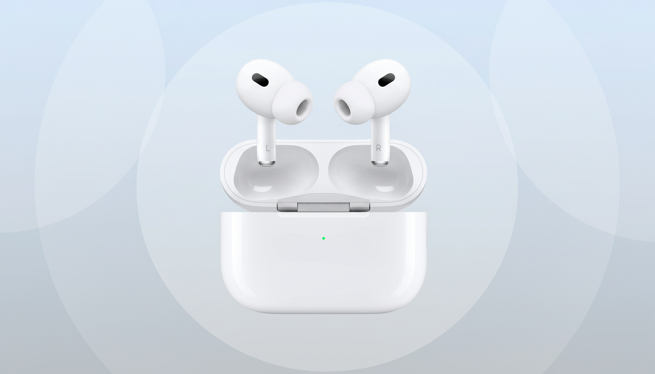 A pair of white Apple AirPods Pro 2 earbuds resting in their open charging case, presented on a professional flat design background with soft blue and white gradients and subtle circular patterns.