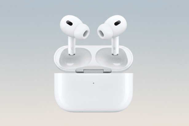 White Apple AirPods Pro 2 nd generation in their open charging case, displayed against a professional flat design background with a soft blue and orange gradient.