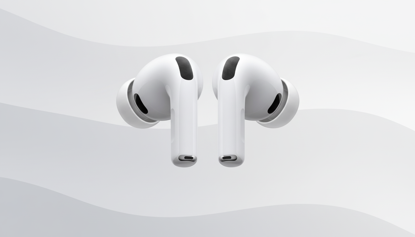 A pair of white wireless earbuds with black accents, presented against a professional flat design background with soft gray wave patterns.