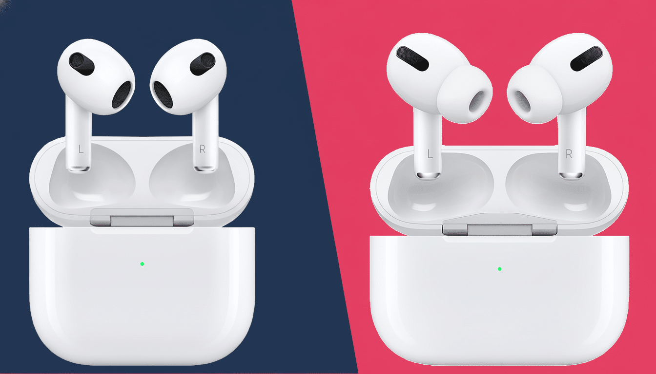 A split image showing two white Apple AirPods models in their charging cases. On the left are the AirPods 3 rd generation against a blue background, a