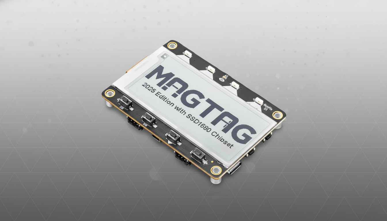 A MagTag 2025 Edition with SSD1680 Chipset device, featuring an e-paper display, is presented on a professional flat design background with soft patterns and gradients.