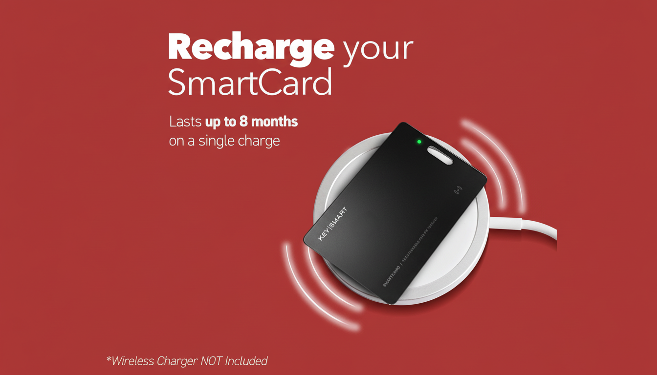 A KeySmart SmartCard charging wirelessly on a white charging pad, set against a red background with text promoting its 8-month battery life.