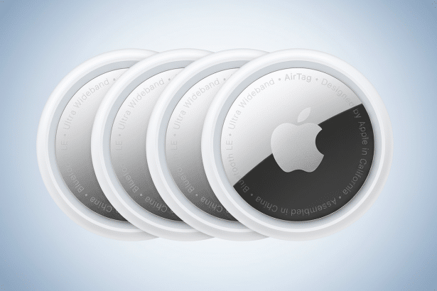 Four Apple AirTags are displayed in a line, with the closest one showing the Apple logo and text details clearly , against a soft gradient background. Filename : apple airtags professional. png