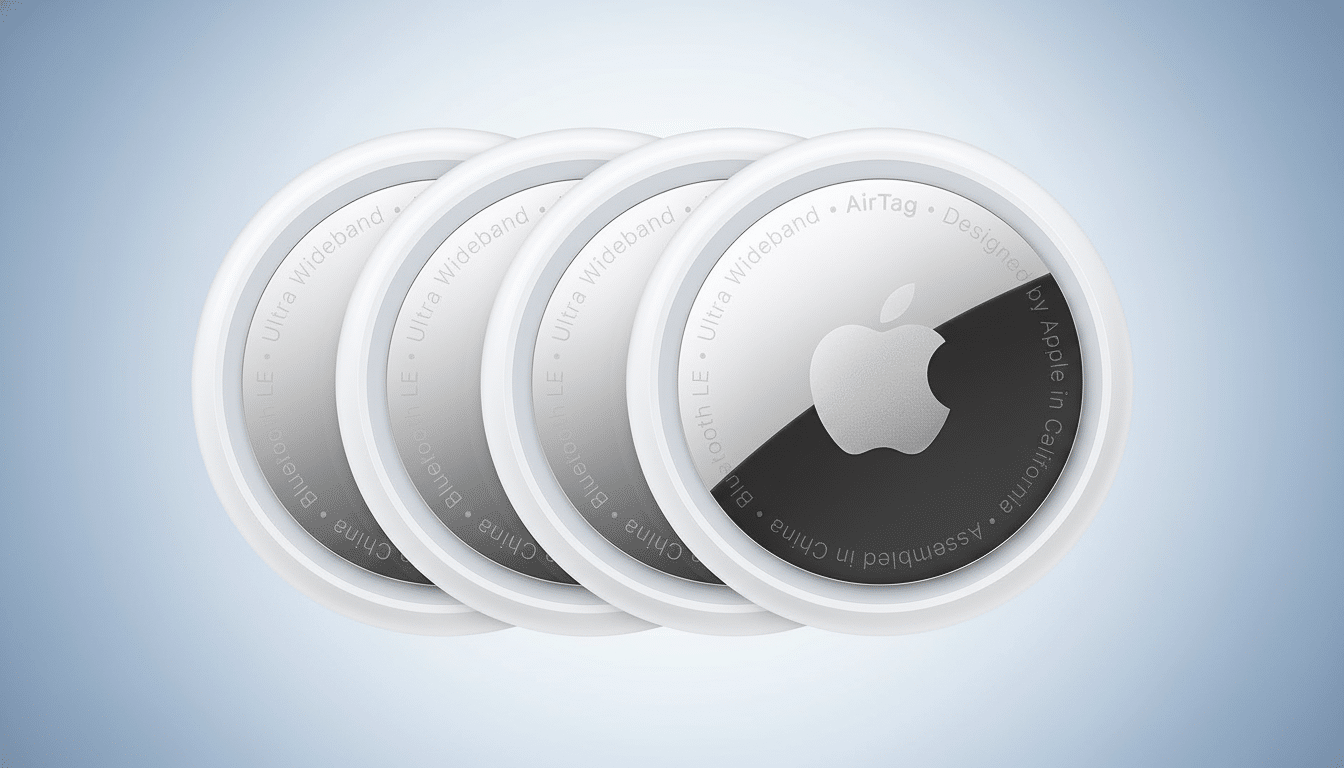 Four Apple AirTags are displayed in a line, with the closest one showing the Apple logo and text details clearly , against a soft gradient background. Filename : apple airtags professional. png