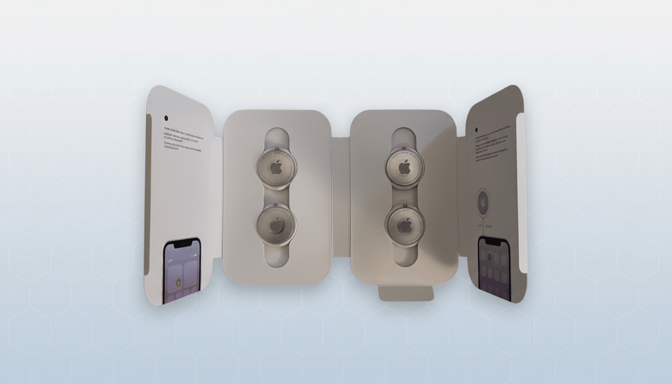 A professional 16:9 aspect ratio image of two white Apple AirTag four -packs, open to display the devices, set against a clean , light grey background with subtle hexagonal patterns. Filename : apple airtag 4packdisplay . png