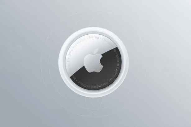 An Apple AirTag with a professional flat design background in a 16: 9 aspect ratio.
