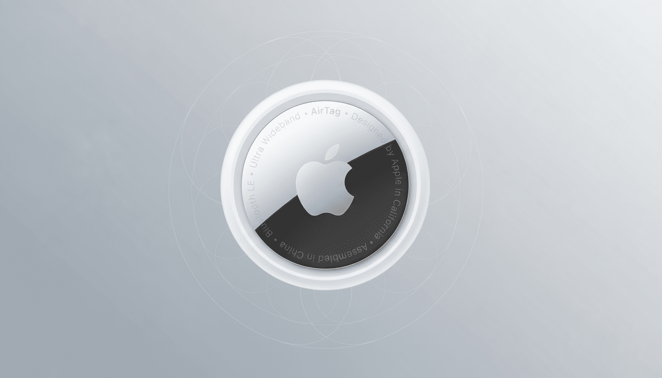 An Apple AirTag with a professional flat design background in a 16: 9 aspect ratio.