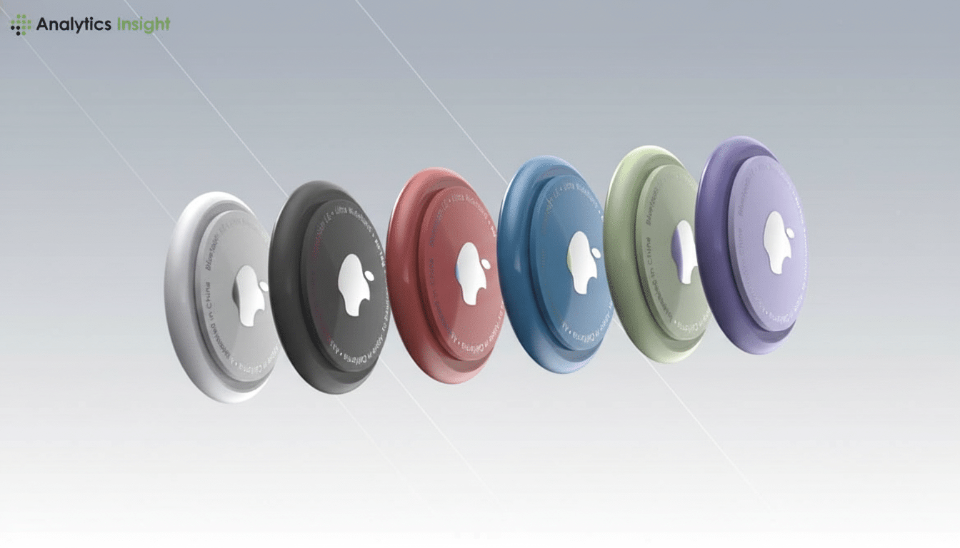 A row of six Apple AirTags in various colors: white, black, red, blue, green, and purple , presented against a professional flat gray background with subtle lines .