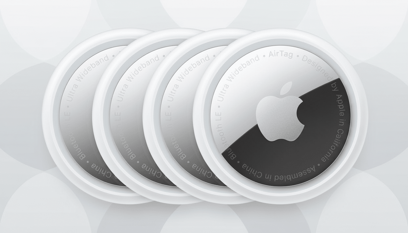 Four Apple AirTags are displayed in a line, with the closest one showing the Apple logo and text details on a white and dark grey surface , against a light grey professional background with subtle diagonal lines .