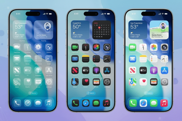 Three iPhone screens are displayed side-by -side, each showcasing a different home screen layout with apps and widgets. The phones are set against a subtle , geometric gradient background in shades of blue and purple.