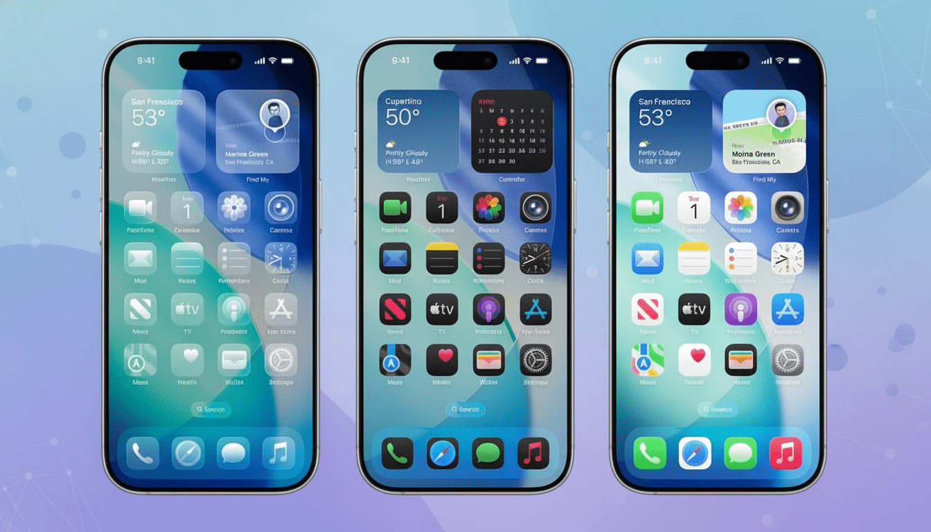 Three iPhone screens are displayed side-by -side, each showcasing a different home screen layout with apps and widgets. The phones are set against a subtle , geometric gradient background in shades of blue and purple.
