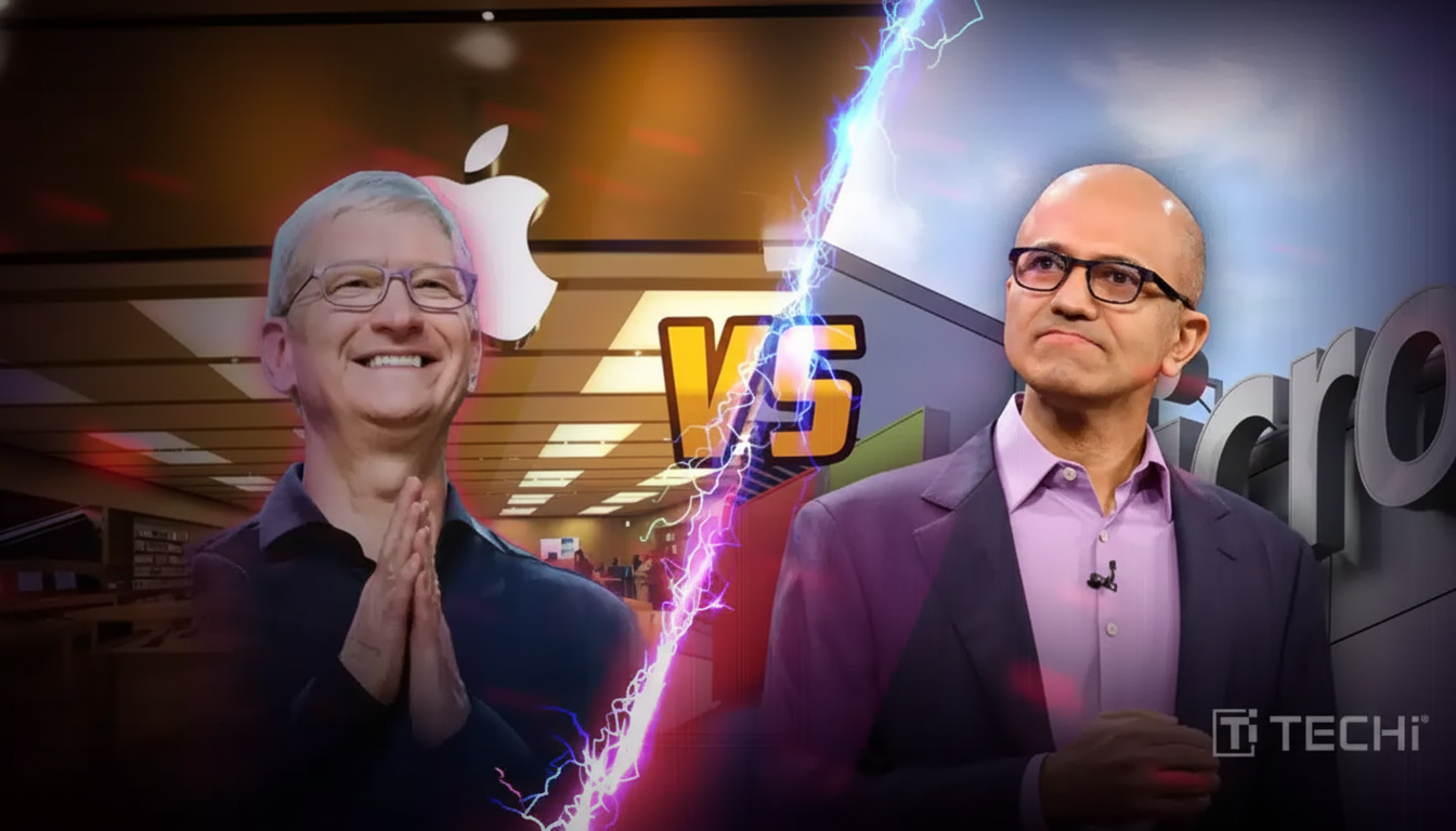 A split image showing Tim Cook on the left with the Apple logo in the background, and Satya Nadella on the right with the Microsoft logo in the background, separated by a VS graphic and a lightning bolt.