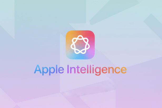 Text : Apple Intelligence logo and text on a professional flat design background with soft patterns
