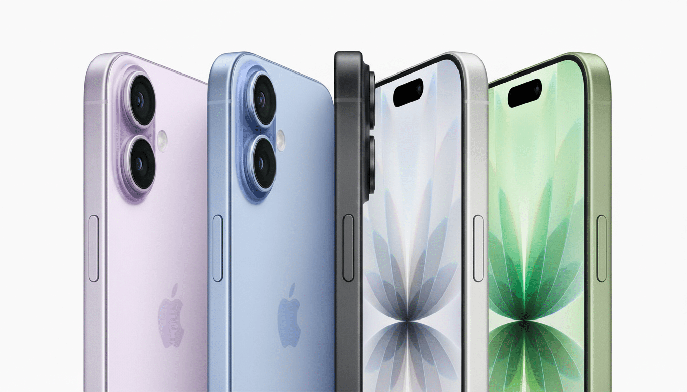 Four iPhones in various colors ( purple, blue, gray, and green ) are displayed closely together on a white background, showcasing their designs and ca