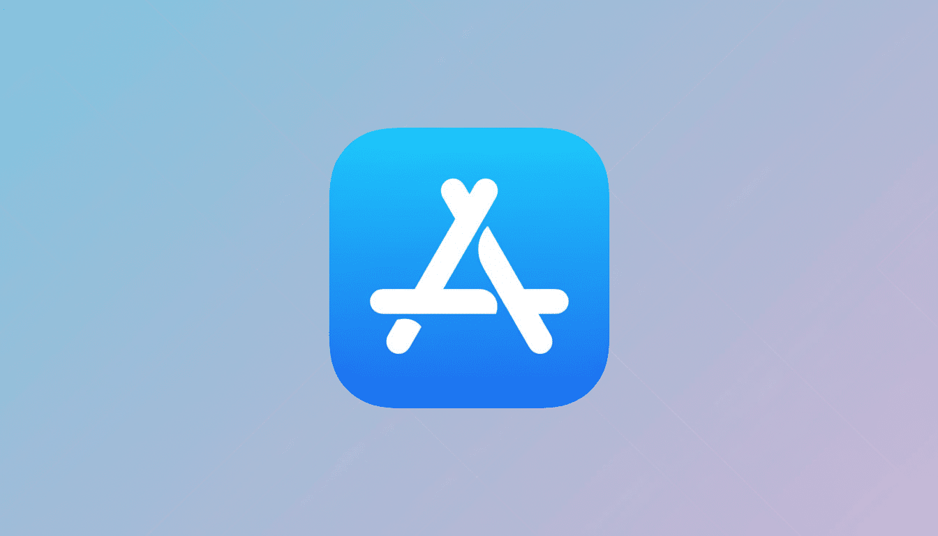 The Apple App Store icon, featuring a white stylized A on a blue gradient square, centered against a professional flat design background with a soft gradient from blue to purple and subtle geometric patterns .
