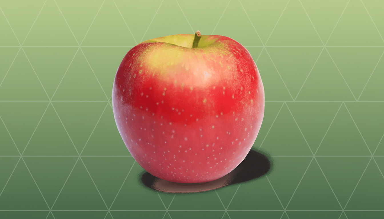 A professional shot of a red and yellow apple with a subtle green gradient and geometric pattern background.