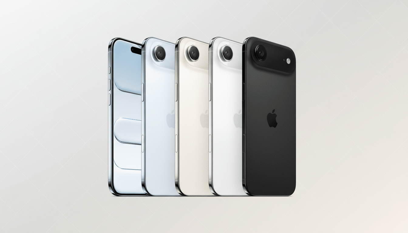 A professional lineup of five smartphones in various colors: blue, light blue, gold, white, and black, presented on a subtle gradient background with