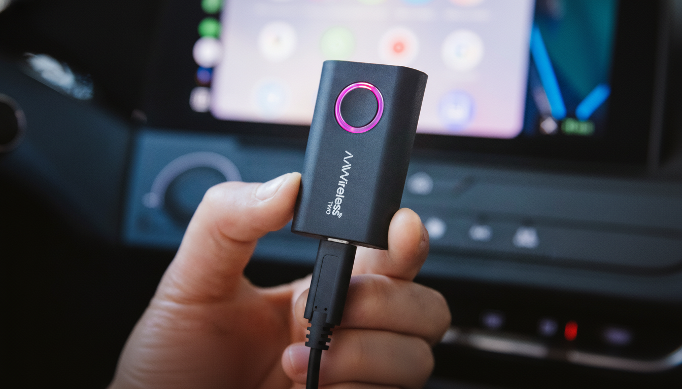 A hand holding a black AAWireless Two adapter, plugged into a USB cable, with a cars infotainment screen in the blurred background.