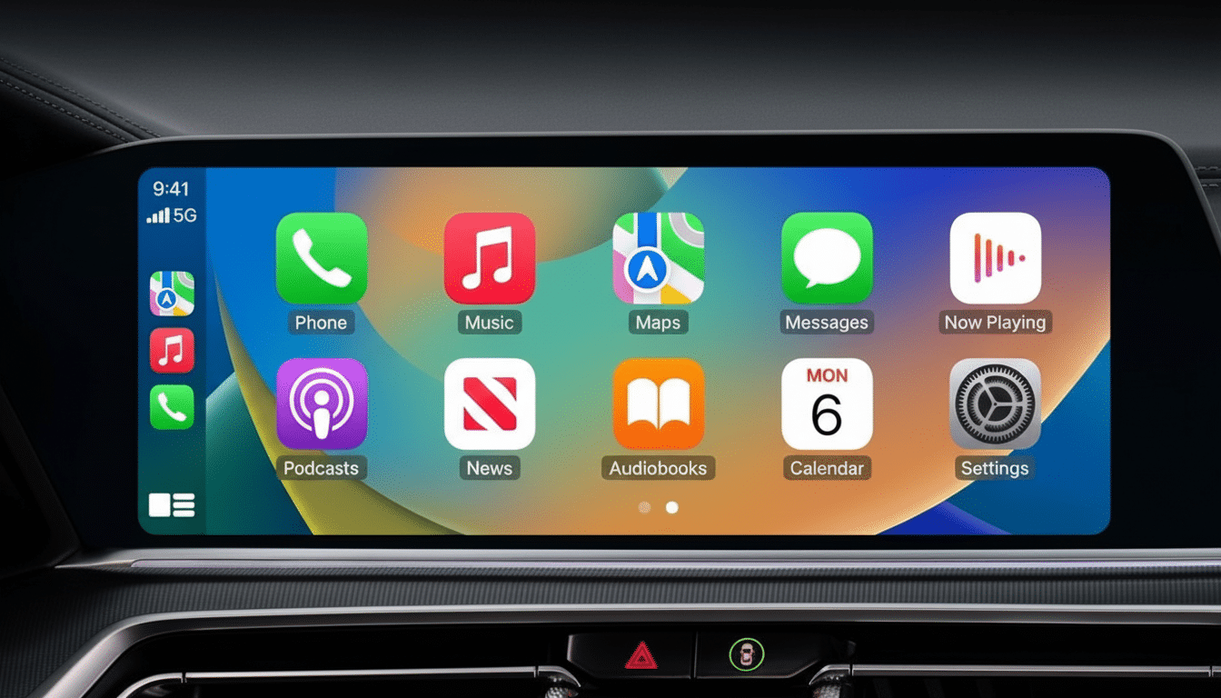 Apple CarPlay interface displayed on a car' s infotainment screen , showing various app icons like Phone, Music, Maps, Messages, Now Playing, Podcasts , News, Audio books, Calendar , and Settings.