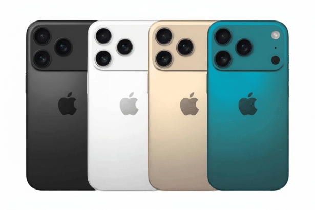 Four iPhones in black, white, gold, and teal, arranged in a row with a professional background.