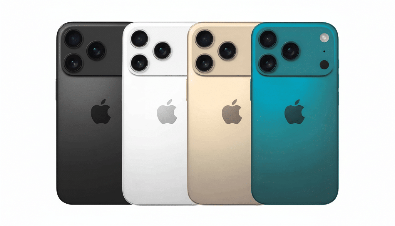 Four iPhones in black, white, gold, and teal, arranged in a row with a professional background.