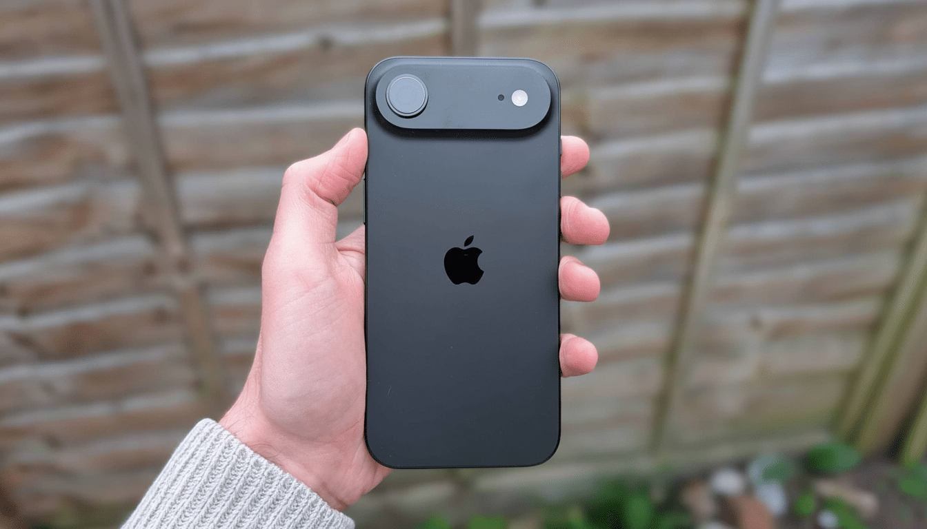 A hand holding a black Apple device with a large circular camera module at the top, presented against a rustic wooden fence background.