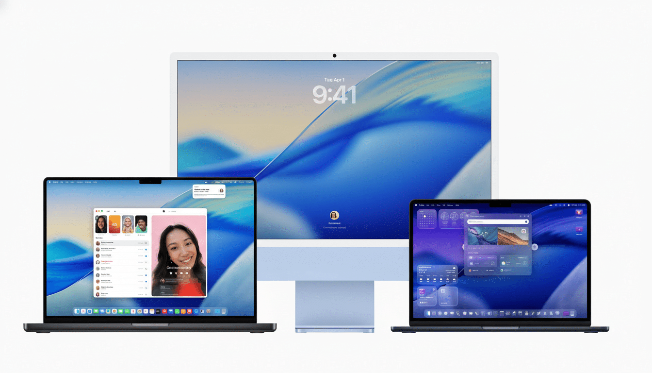An Apple iMac desktop computer and two MacBook Pro laptops, one displaying a video call, all set against a white background.