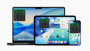 Apple devices, including a MacBook, iPad, and iPhone, displaying various widgets and applications.
