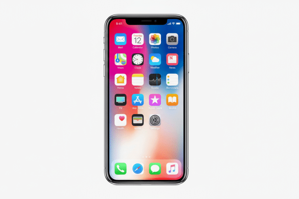 An iPhone X displaying its home screen with various app icons, set against a clean, light grey background with a 16: 9 aspect ratio.